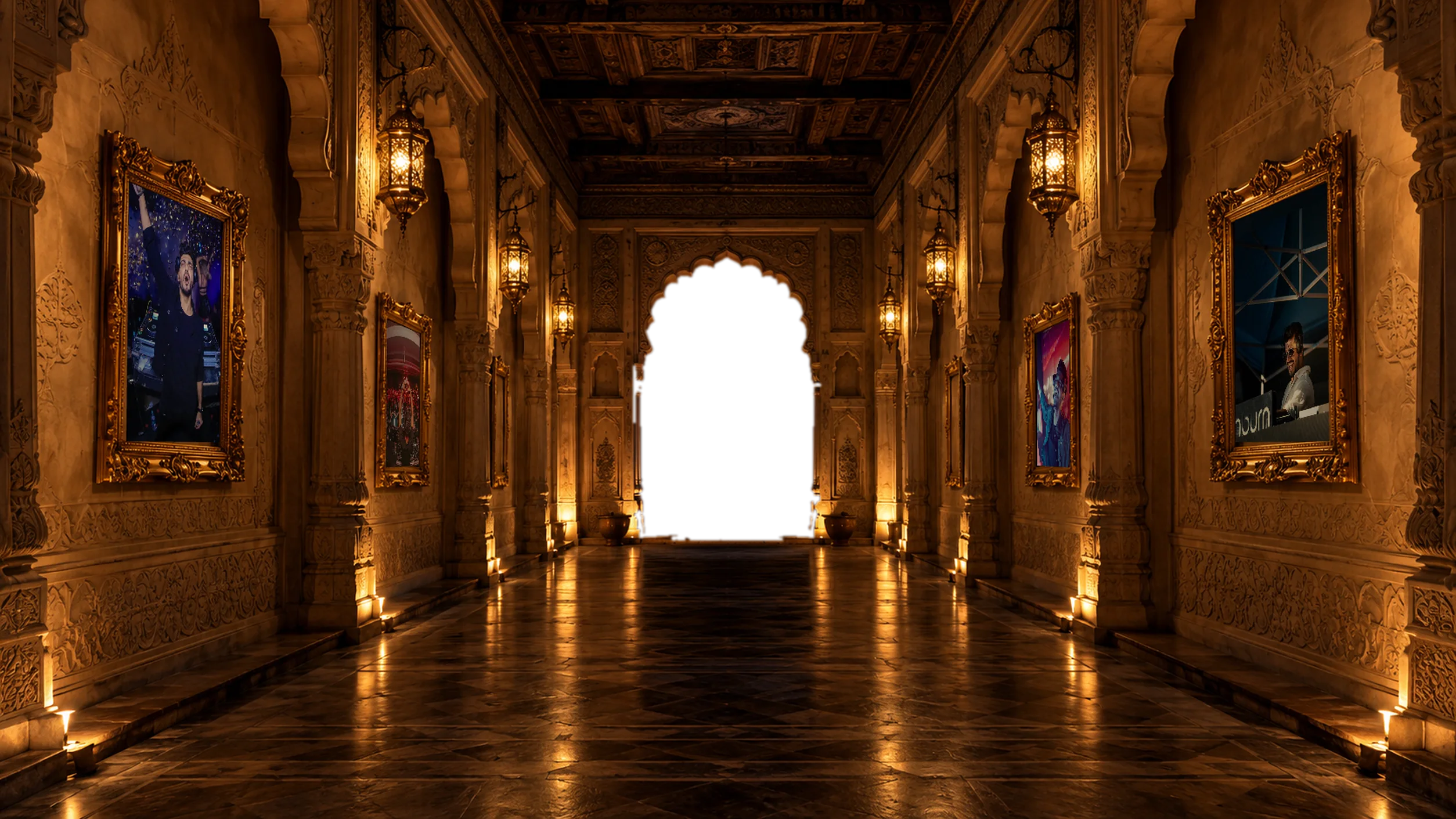 A candlelit heritage corridor with carved stone arches, brass lanterns and framed photos of Aryan performing