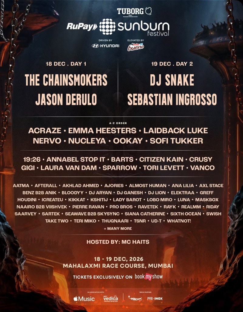 Official Sunburn Festival 2026 lineup poster, 18 and 19 December at Mahalaxmi Race Course, Mumbai, with DJ Aryan on the lineup